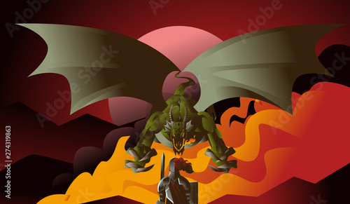 strong armored knight with sword back fighting a dragon