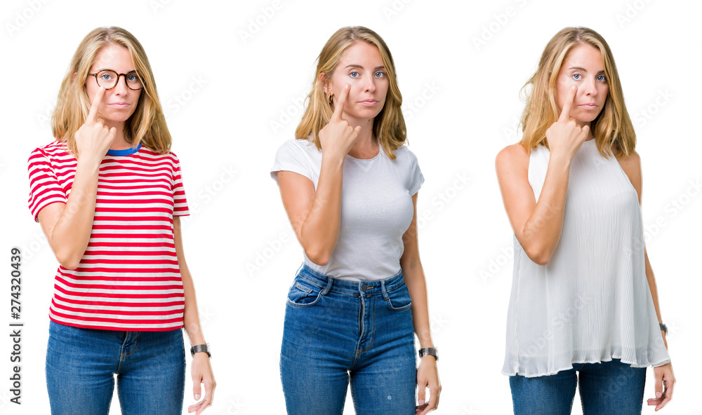 Collage of beautiful blonde woman over white isolated background Pointing to the eye watching you gesture, suspicious expression Collage of beautiful blonde woman over white isolated background Pointing to the eye watching you gesture, suspicious expression