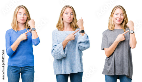 Collage of beautiful blonde woman over white isolated background In hurry pointing to watch time, impatience, upset and angry for deadline delay