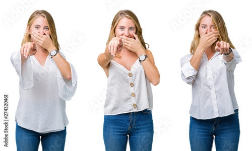 Collage of beautiful blonde woman over white isolated background Laughing of you, pointing to the camera with finger hand over mouth, shame expression