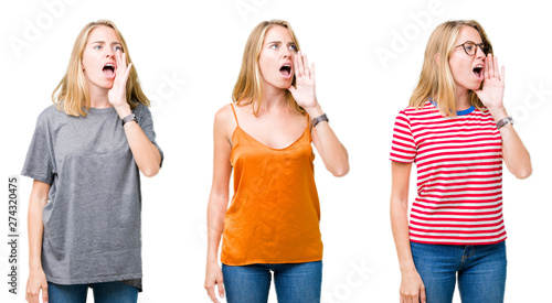 Collage of beautiful blonde woman over white isolated background shouting and screaming loud to side with hand on mouth. Communication concept.