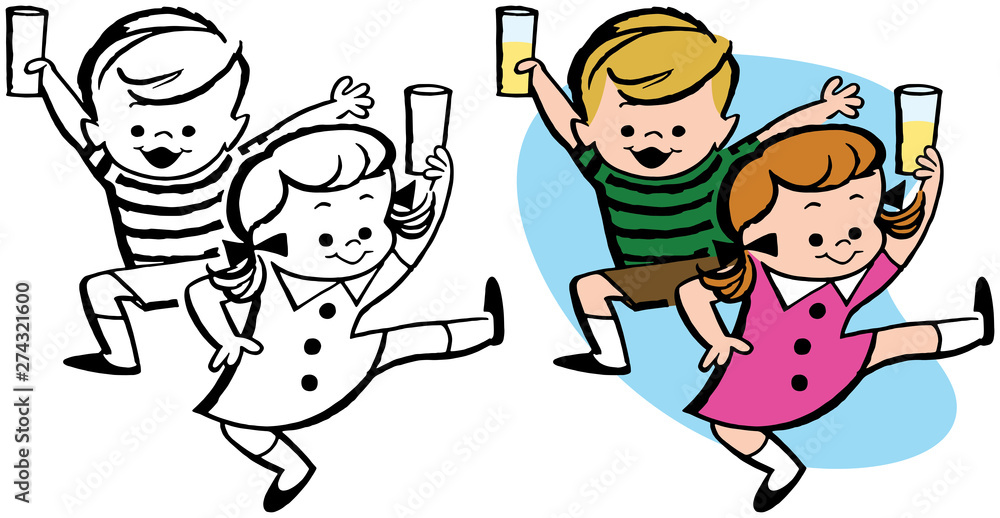 A pair of happy excited children with cups of lemonade. A pair of happy excited children with cups of lemonade.