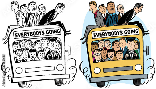 A bus full of happy excited people goes on an outing. 