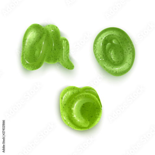 Squeezed out sauces on white background, Wasabi Hot Mustard. Traditional Japanese Green Natural Organic Spicy Wasabi For Asian Dishes And Sushi. Seasoning And Sauce Top View Realistic 3d Illustration