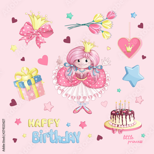 Set for the birthday of a little princess. Cute girl princess in a beautiful dress, a crown with a bow, princess medallion print, gift box, cake with candles, cartoon inscription. Vector stickers.