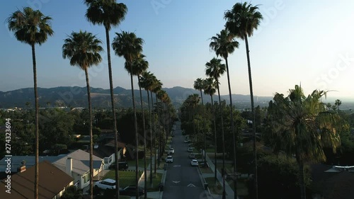 Palm tree lined street at sunset in Los Angeles - Glendale, CA - 4k aerial drone