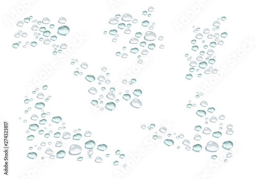  bubbles, water drops in realistic volumetric style. sets of blue and gray water drops, a symbol of freshness and purity isolated on white background. illustration.