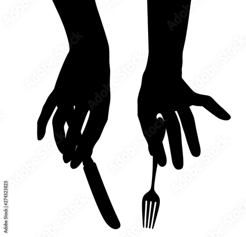 Black silhouette of female hands with a knife and a fork
