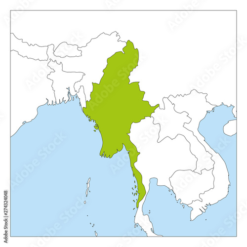 Map of Myanmar green highlighted with neighbor countries