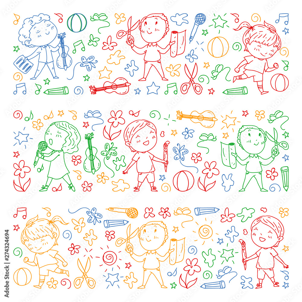 creative kids dancing, sing, playing football, playing guitar, violin, making models from paper. Colorful drawing on white blackboard. creative kids dancing, sing, playing football, playing guitar, violin, making models from paper. Colorful drawing on white blackboard.