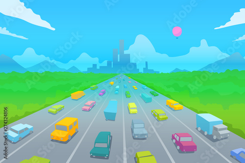 Highway on the background of the modern city in the distance. Colored cars on the big road.