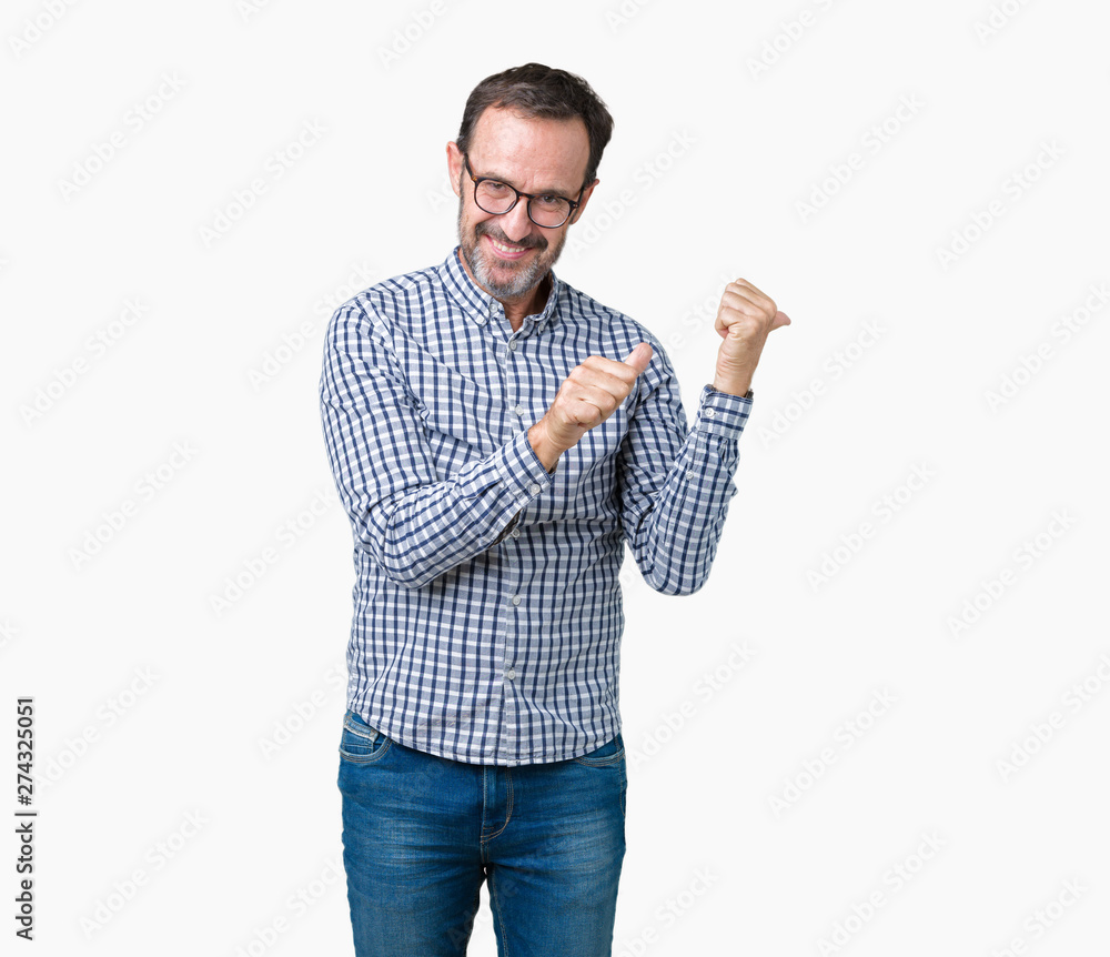 Handsome middle age elegant senior man wearing glasses over isolated background Pointing to the back behind with hand and thumbs up, smiling confident Handsome middle age elegant senior man wearing glasses over isolated background Pointing to the back behind with hand and thumbs up, smiling confident