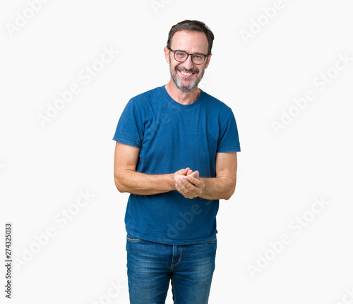 Handsome middle age hoary senior man wearin glasses over isolated background Hands together and fingers crossed smiling relaxed and cheerful. Success and optimistic
