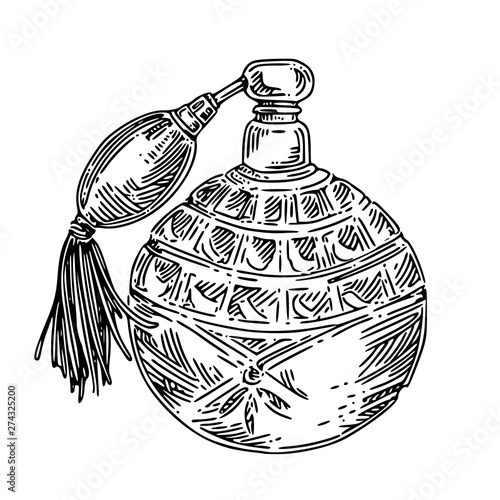Vintage perfume bottle with spray. Sketch Engraving style. Vector illustration.