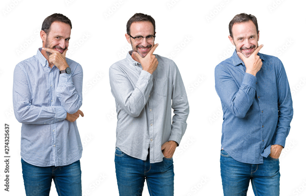 Collage of handsome senior business man over white isolated background looking confident at the camera with smile with crossed arms and hand raised on chin. Thinking positive. Collage of handsome senior business man over white isolated background looking confident at the camera with smile with crossed arms and hand raised on chin. Thinking positive.