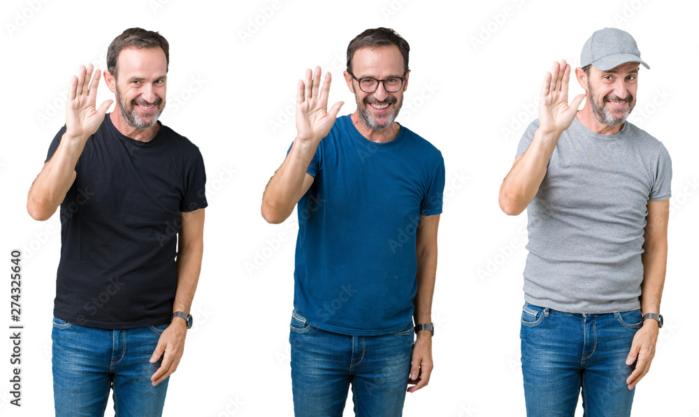 Collage of handsome senior man over white isolated background Waiving saying hello happy and smiling, friendly welcome gesture Collage of handsome senior man over white isolated background Waiving saying hello happy and smiling, friendly welcome gesture