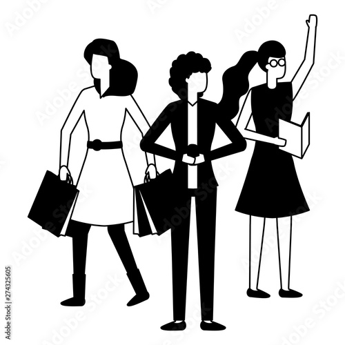 group women with smartphone paper and shopping bag