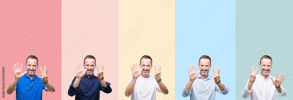 Fototapeta premium Collage of senior hoary handsome man over colorful stripes isolated background showing and pointing up with fingers number eight while smiling confident and happy.