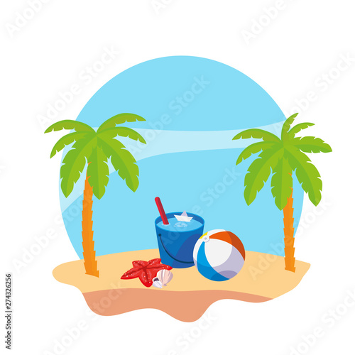 summer beach with palms and water bucket scene