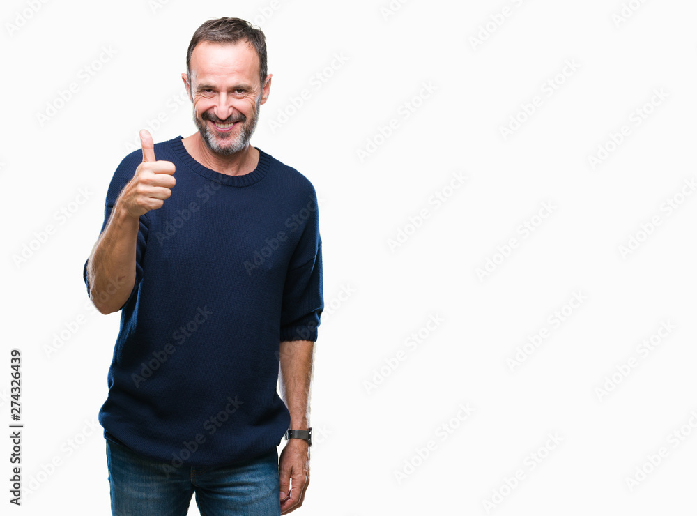 Middle age hoary senior man over isolated background doing happy thumbs up gesture with hand. Approving expression looking at the camera with showing success. Middle age hoary senior man over isolated background doing happy thumbs up gesture with hand. Approving expression looking at the camera with showing success.