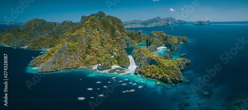 Palawan, Philippines aerial panorama natural scenery of tropical Miniloc island with Big and Small lagoon. El Nido Marine Reserve Park tour A photo