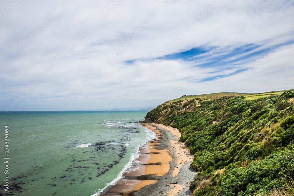 Sea Coast Beach New Zealand Landscape, Green Hills With Cliffs On Coastal Landscape Background