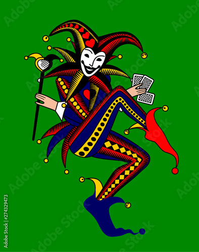 Joker playing card in retro style on green background