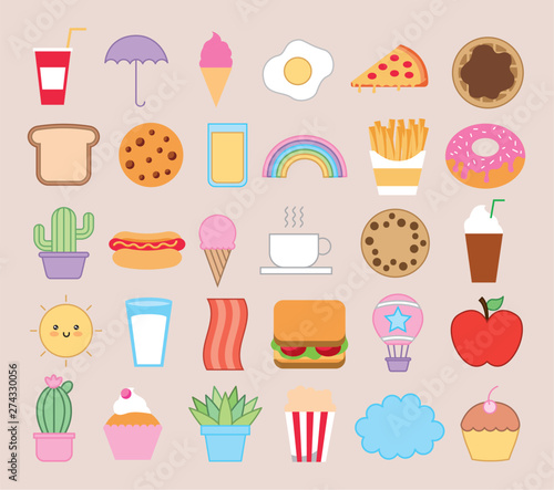 bundle of emojis bakery and fast food kawaii characters