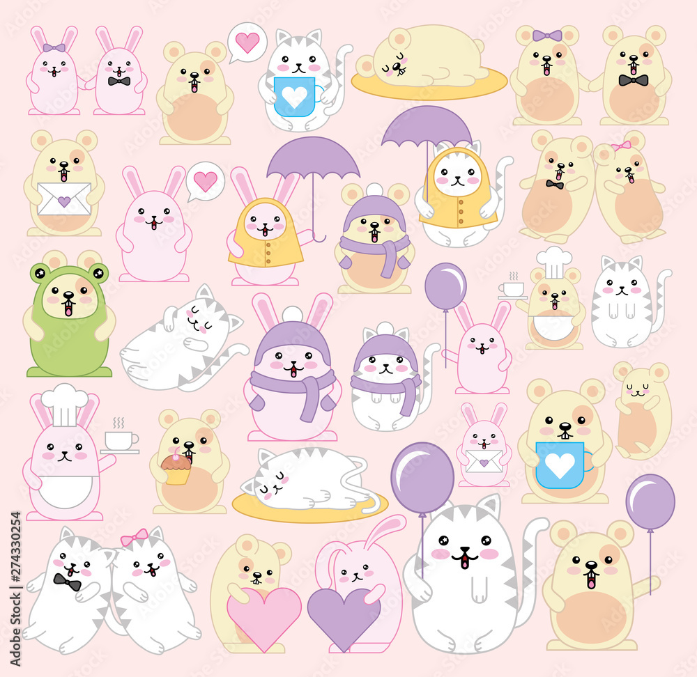 bundle of mouse with cats and rabbits kawaii characters