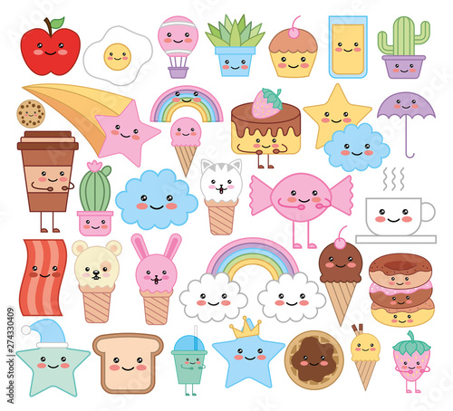 bundle of emojis animals and food kawaii characters