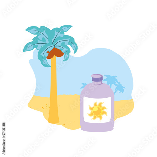 solar blocker bottle in the beach with tree palm