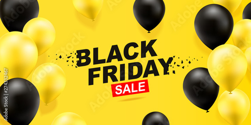 Black friday sale banner template design. Discount sale, half price. Black and yellow balloons on a yellow background.Vector illustration.