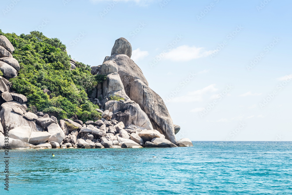 Landscape view stones rock Koh Tao Island beach or Turtle Island under blue sky in summer day Koh Tao Island is popular famous tourist attractions in the gulf of Thailand, Surat Thani, Thailand 