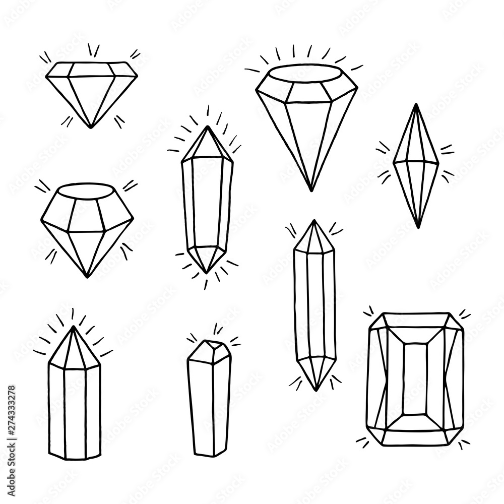 Gems set. Hand-drawn collection of jewels and crystals on white background. Gems set. Hand-drawn collection of jewels and crystals on white background.