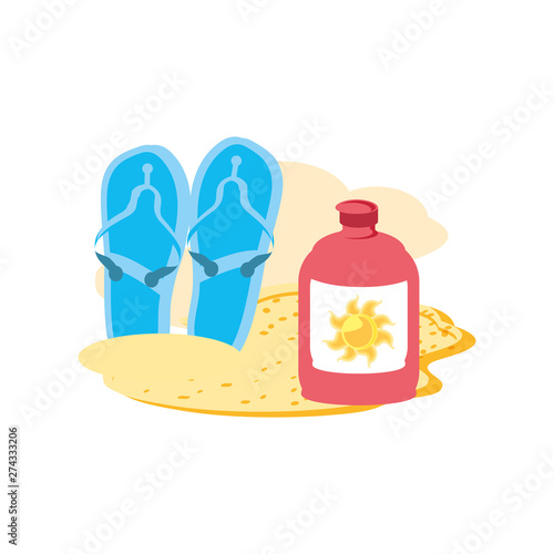 solar blocker bottle in the beach with flip flops