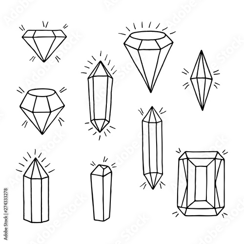 Gems set. Hand-drawn collection of jewels and crystals on white background. 
