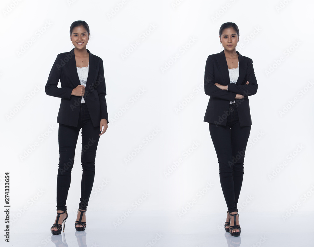 Fototapeta premium Full Length Snap Figure, Asian Business Woman Stand in black Formal proper Suit pants and shoes, studio lighting white background isolated, Lawyer Boss act posing smile smart look walking high heels