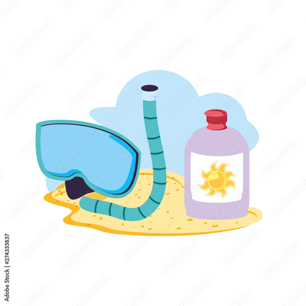 summer seascape scene with snorkel and solar blocker bottle summer seascape scene with snorkel and solar blocker bottle