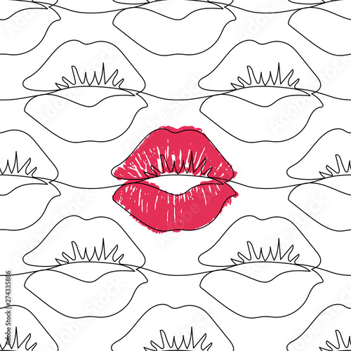 Seamless pattern with one line lips isolated on white. Female red lipstick kiss background. Contrast concept.