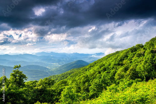 Puffy clouds move over the mountains along the Blue Ridge Parkway in North Carolina, USA.