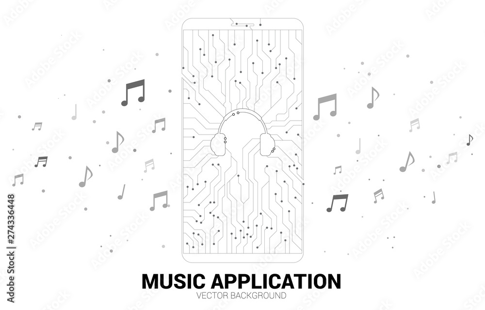 Vector headphone dot connect line circuit board style mobile phone icon. Concept for streaming music application mobile phone technology.