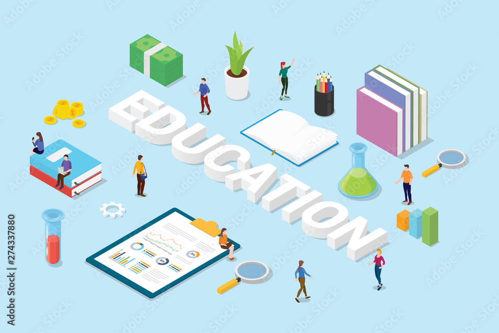 education concept with big words text and team people books and science object sign icon with isometric flat style - vector education concept with big words text and team people books and science object sign icon with isometric flat style - vector