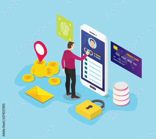 personal data information concept with men people access data with sign icon symbol of security privacy data with isometric style - vector