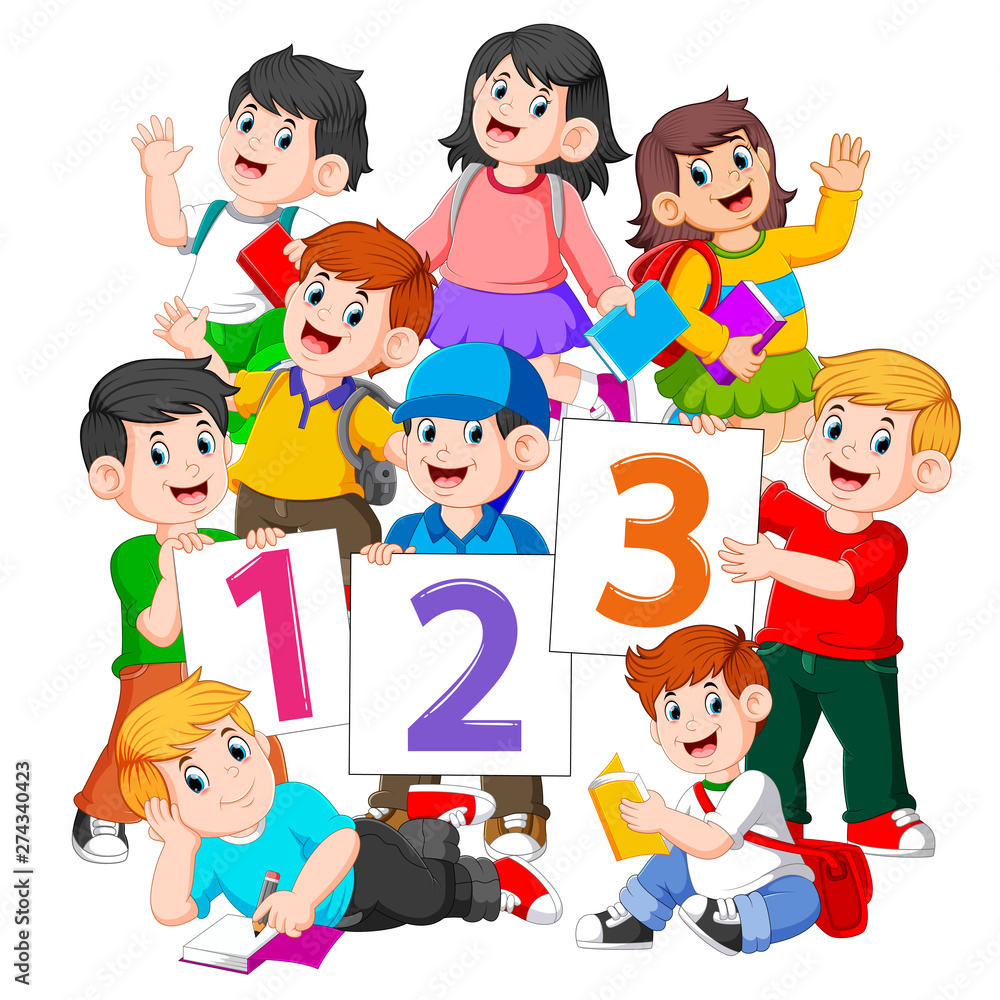 the children are holding the book and the number board the children are holding the book and the number board