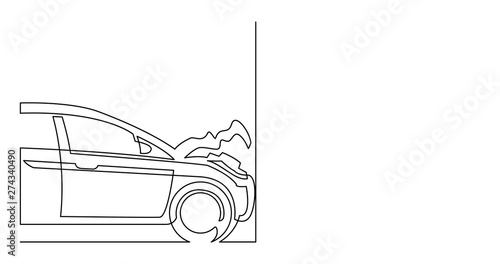 continuous line drawing of damaged car smashed into wall