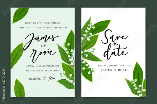 summer  Wedding Invitation, floral invite thank you, rsvp modern card Design in lily of the valley  flower and leaf greenery  branches decorative Vector elegant rustic template