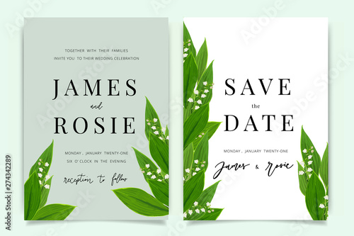 summer  Wedding Invitation, floral invite thank you, rsvp modern card Design in lily of the valley  flower and leaf greenery  branches decorative Vector elegant rustic template