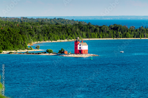 Landscape shot of the original lighthouse of Mackinac Island on a sunny day