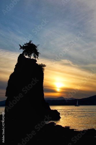 silhouette of Siwash Rock at Stanley Park at sunset