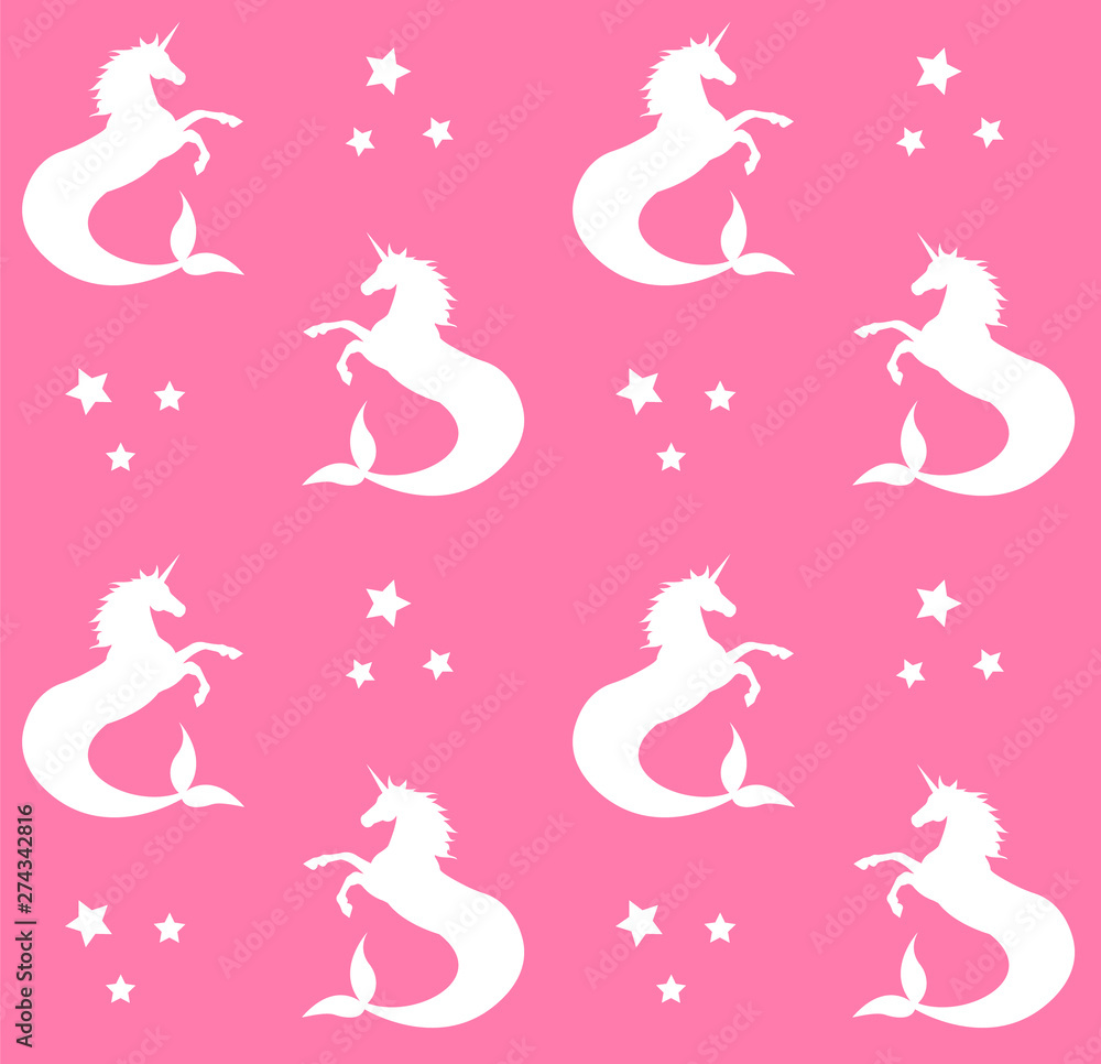 Fototapeta premium Vector seamless pattern of hippocampus unicorn mermaid silhouette isolated on pink background 